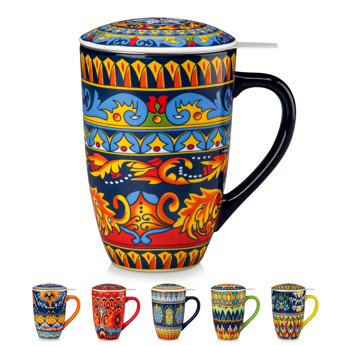 Ceramic Tea Infuser Mug with Lid, 18 oz – Bohemian Forest Daisy Pattern, Microwave & Dishwasher Safe