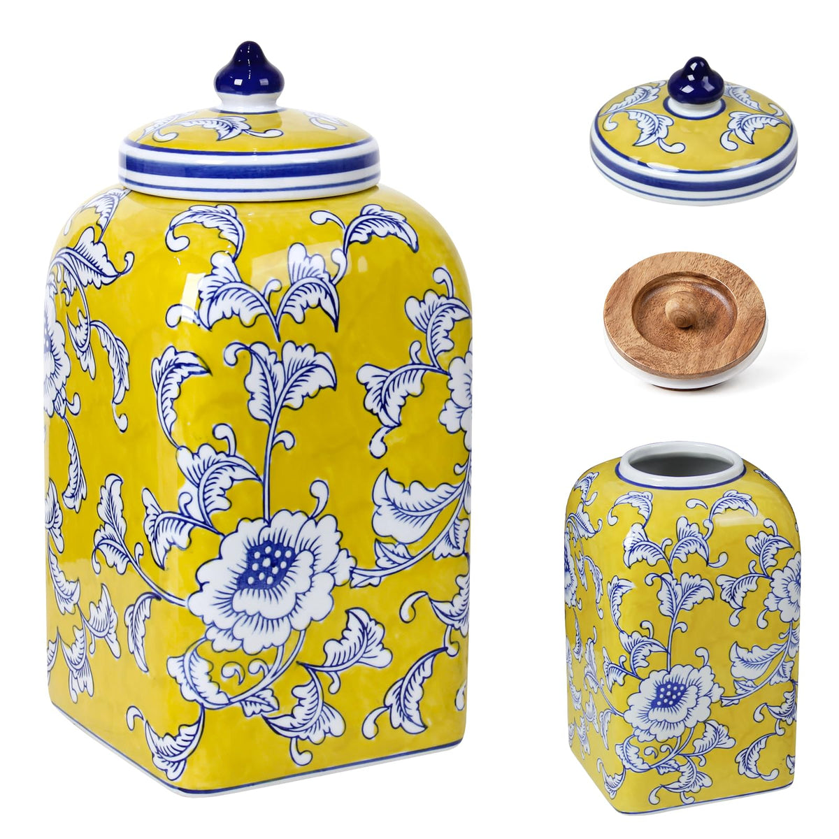 Ceramic Tea & Coffee Canister with Airtight Lid – 10" H, 121 fl oz, Green Peony Chinoiserie