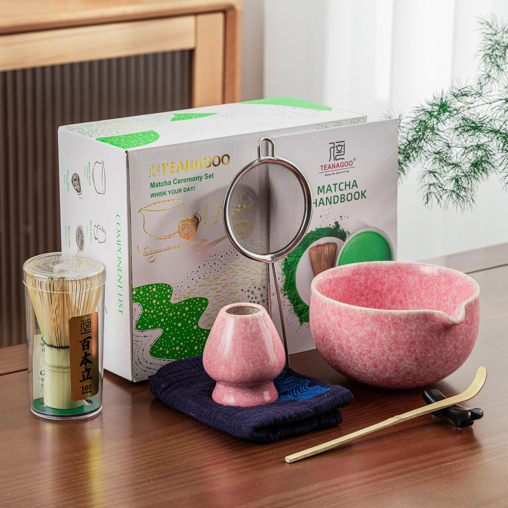 TEANAGOO 7-Piece Black Matcha Set – Ceramic Chawan, Whisk, Holder & Sifter for Ceremony & Latte