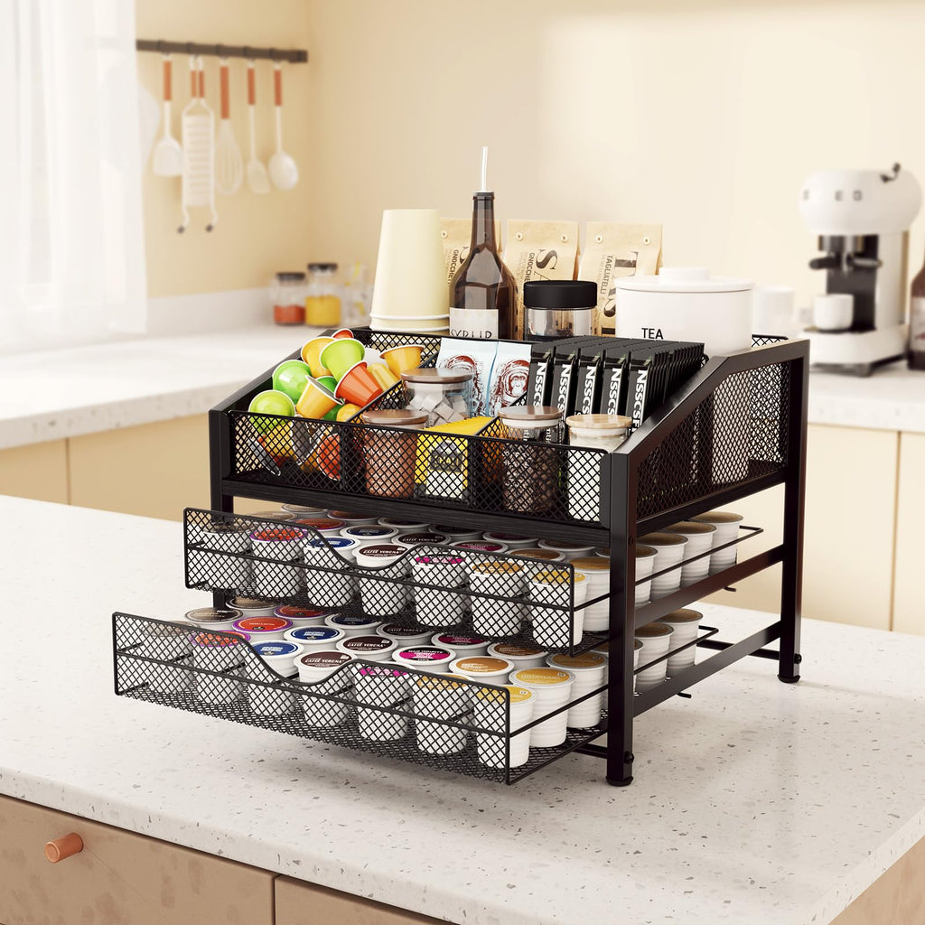Homsorout Coffee Bar Organizer – Metal & Wood, Black and Brown
