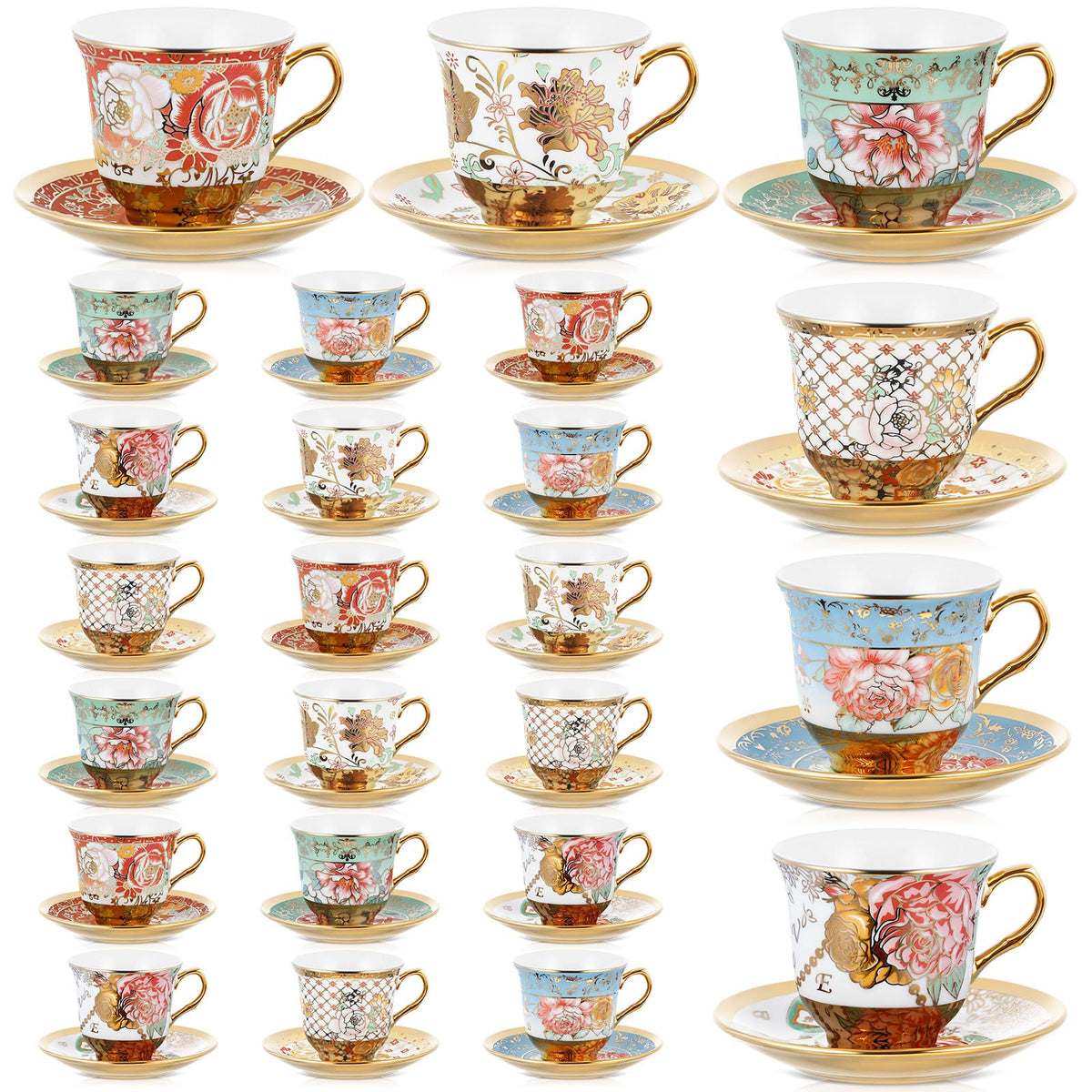 Floral Porcelain Tea Cups & Saucers Set of 18 – 6 Patterns, 5.4 oz