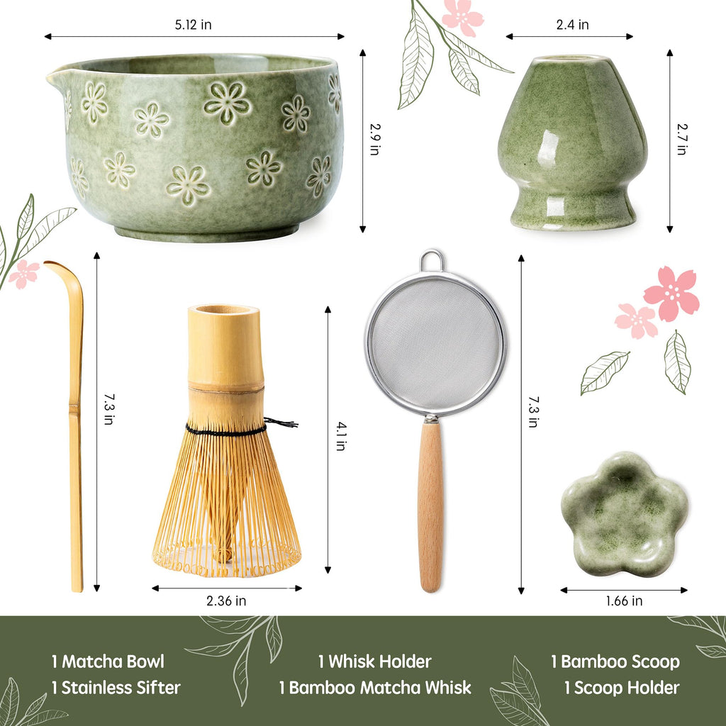 6-Piece Ceramic Matcha Set – Blue Cherry Blossom Bowl, 100-Prong Whisk, Scoop & Sifter