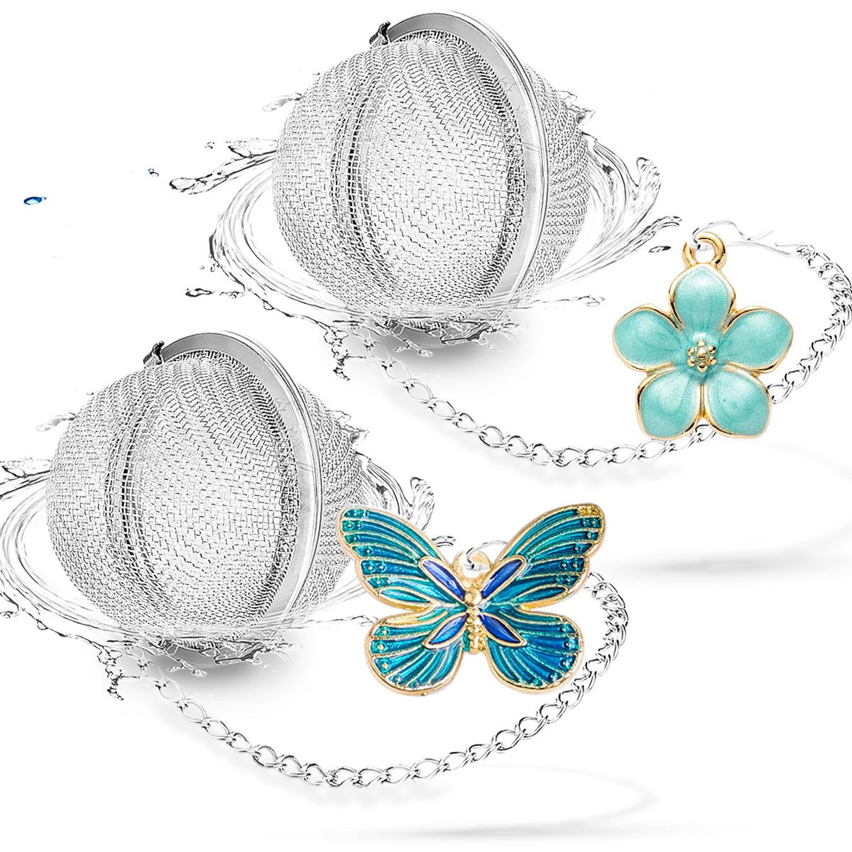 Tea Ball Infuser Set of 2 with Dragonfly & Butterfly Charms – Stainless Steel, Loose Leaf