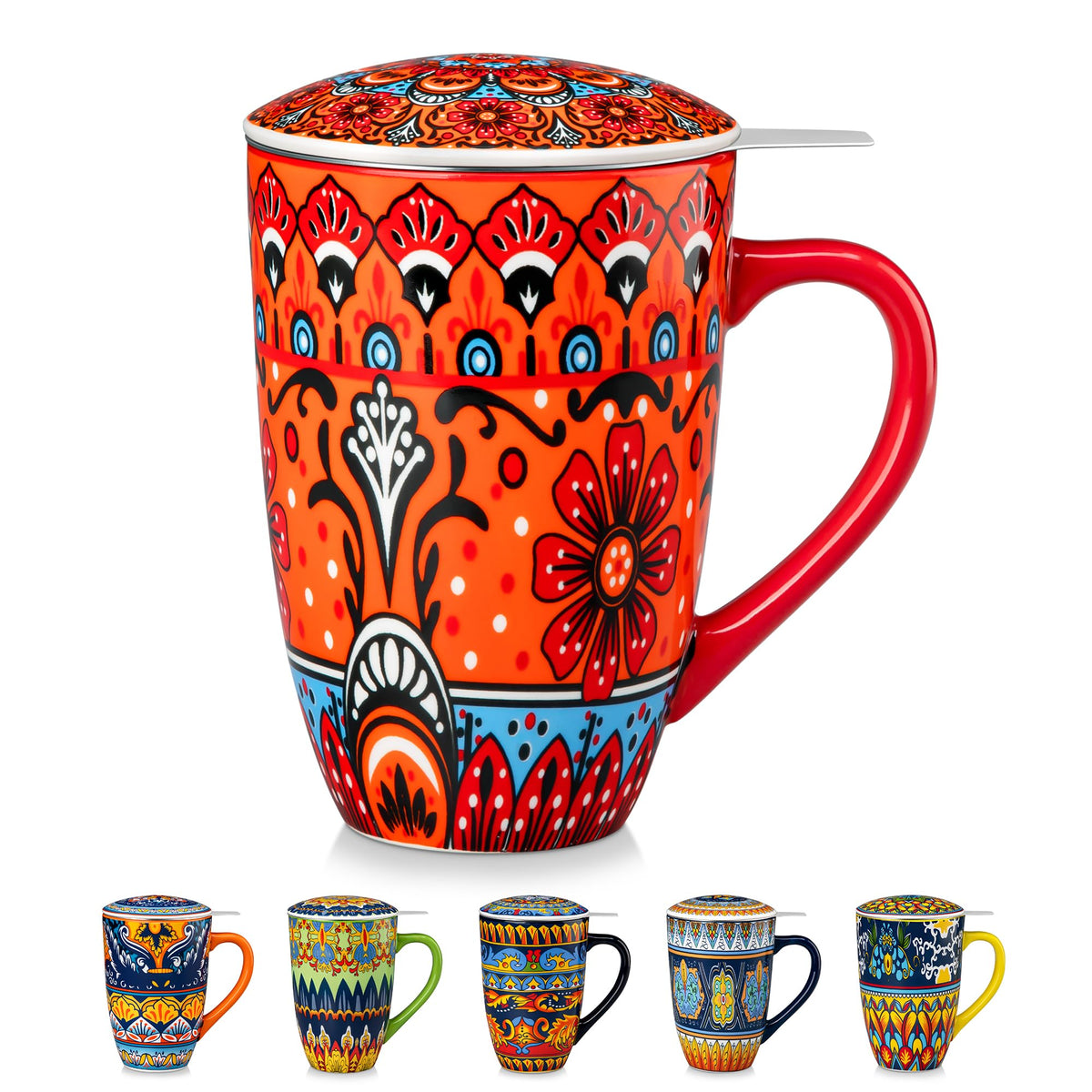 Ceramic Tea Infuser Mug with Lid, 18 oz – Bohemian Forest Daisy Pattern, Microwave & Dishwasher Safe