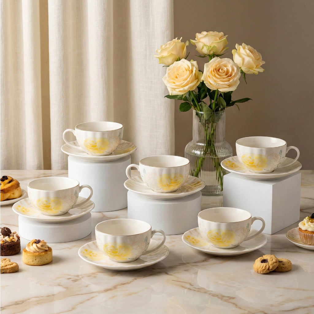 Floral Porcelain Tea Cups & Saucers Set of 6 – Midnight Blue