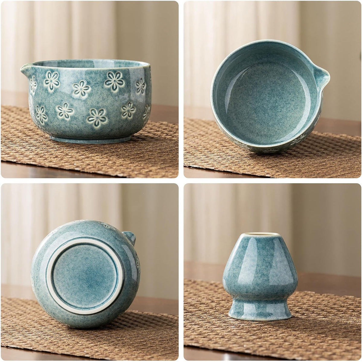 6-Piece Ceramic Matcha Set – Blue Cherry Blossom Bowl, 100-Prong Whisk, Scoop & Sifter