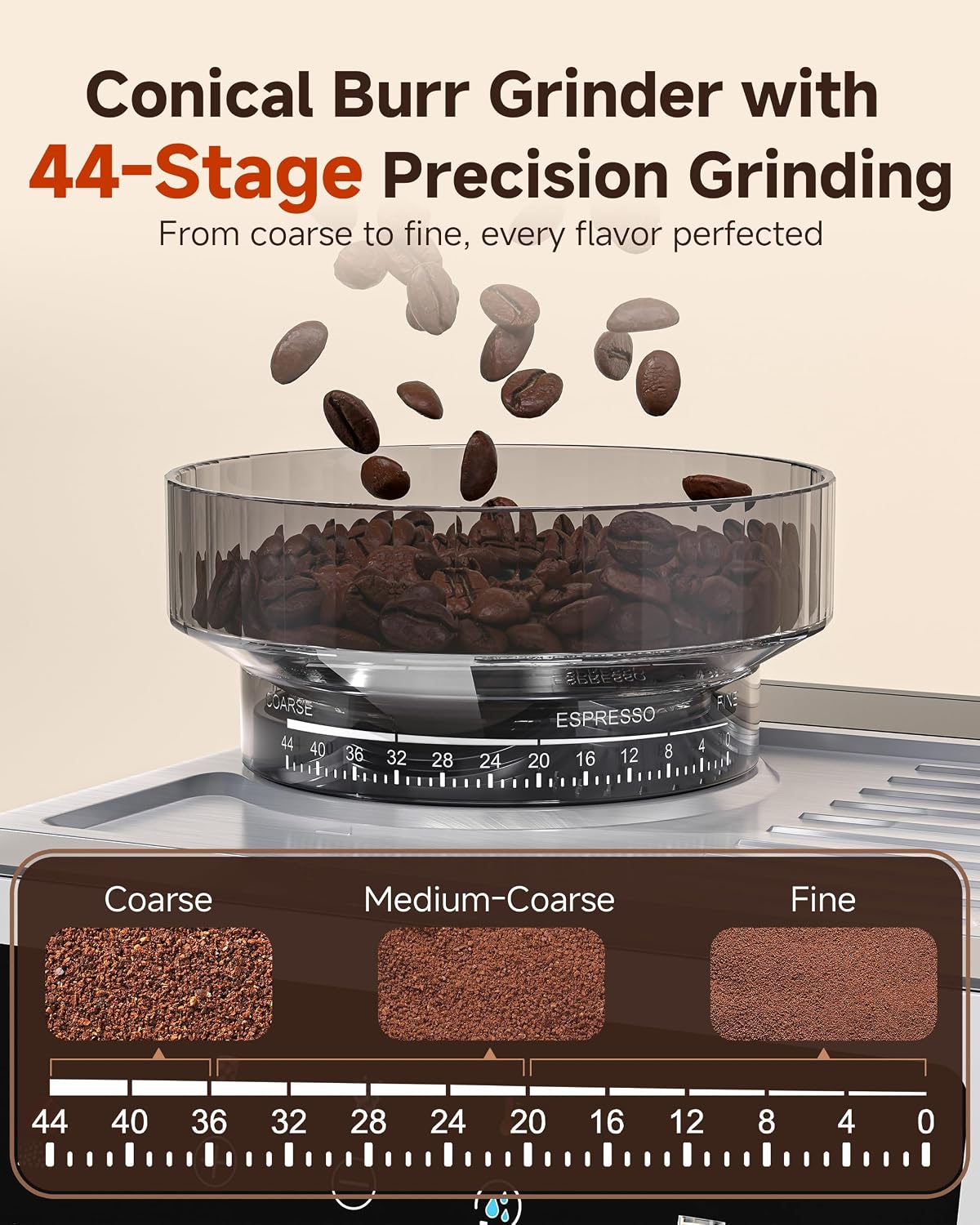AMZCHEF Espresso Machine with Built-in Grinder – 44 Grind Settings, Temp Control, Milk Frother