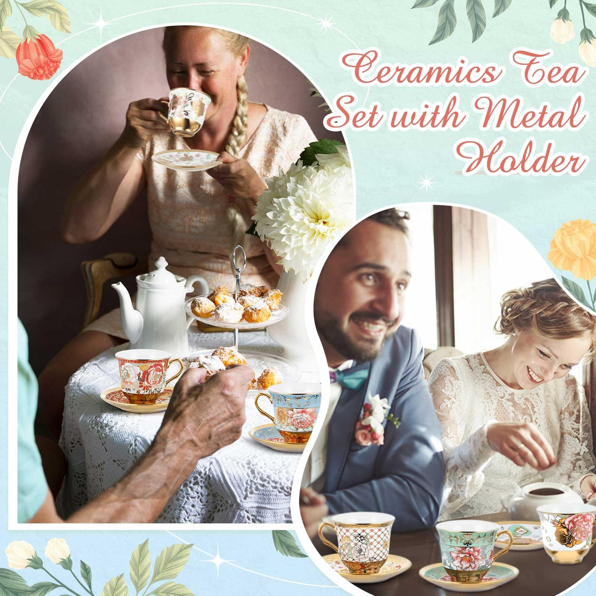 Floral Porcelain Tea Cups & Saucers Set of 18 – 6 Patterns, 5.4 oz