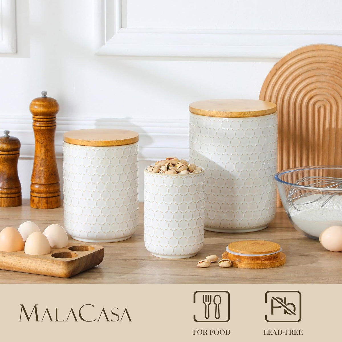 MALACASA LYDIA Ceramic Canister Set of 3 – Hexagon, Airtight Wooden Lids, 20/40/80 oz