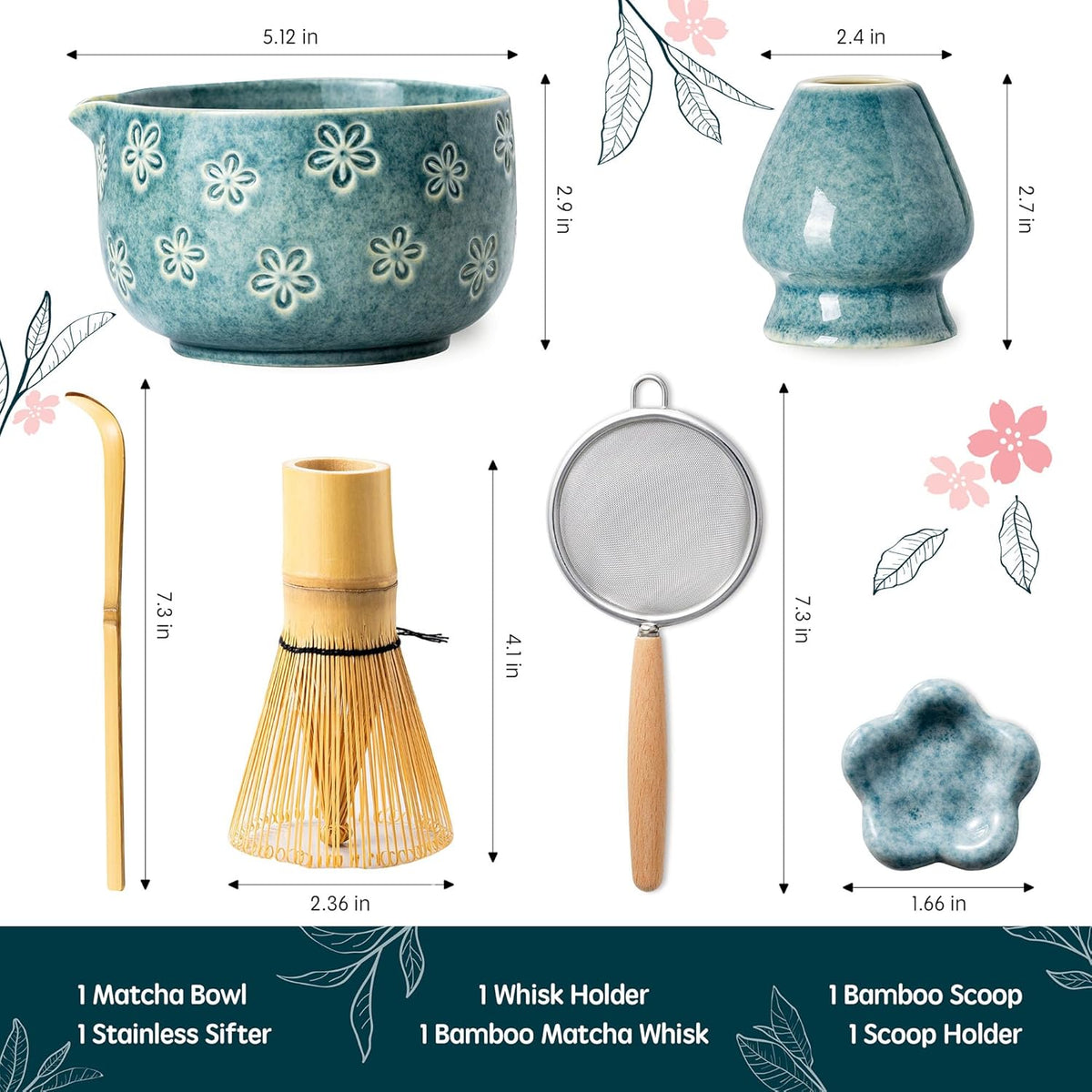 6-Piece Ceramic Matcha Set – Blue Cherry Blossom Bowl, 100-Prong Whisk, Scoop & Sifter