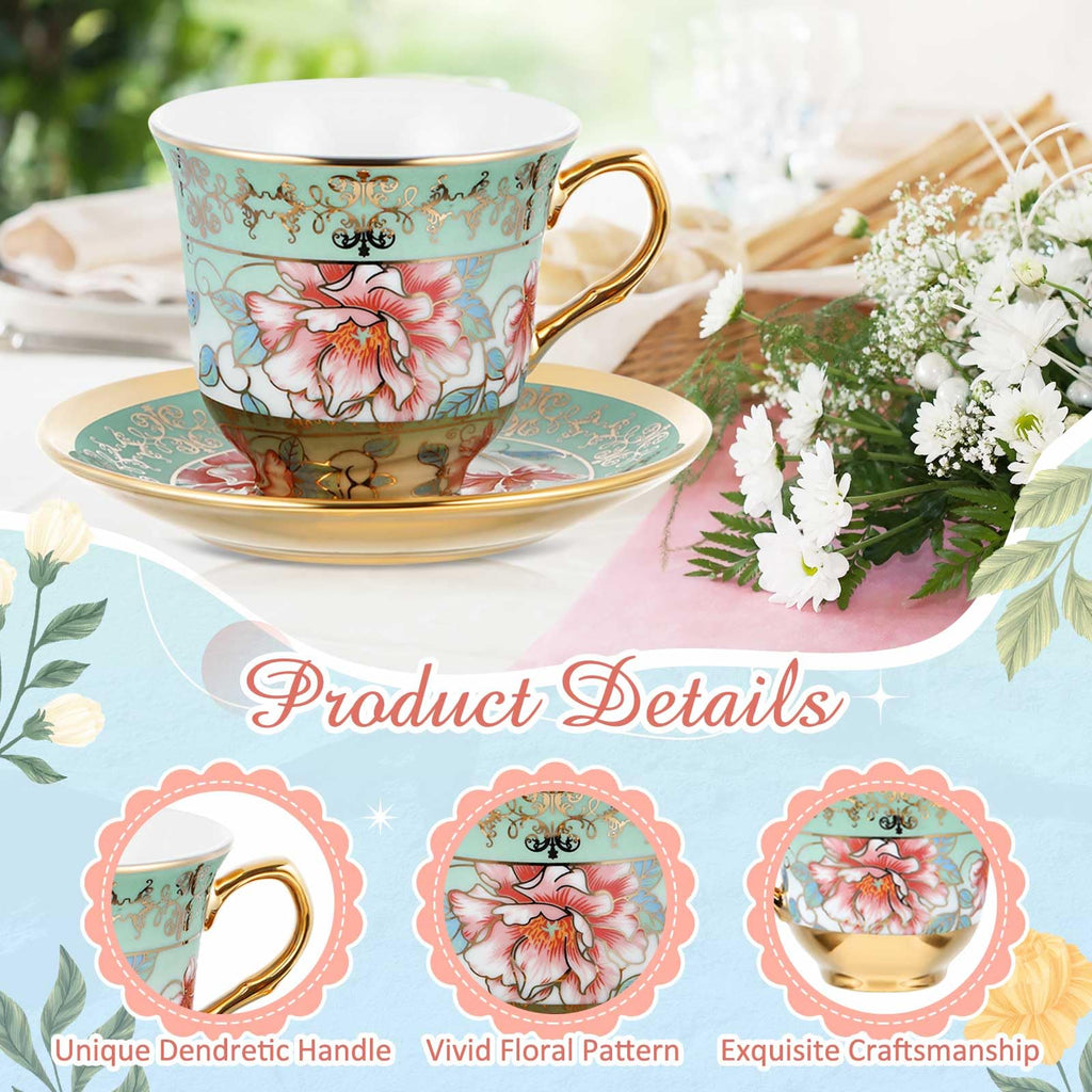 Floral Porcelain Tea Cups & Saucers Set of 18 – 6 Patterns, 5.4 oz