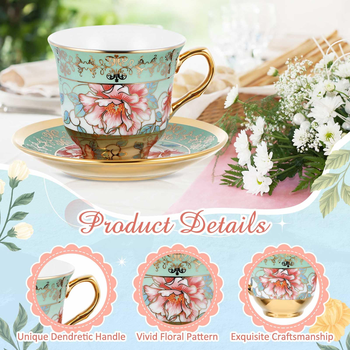 Floral Porcelain Tea Cups & Saucers Set of 18 – 6 Patterns, 5.4 oz