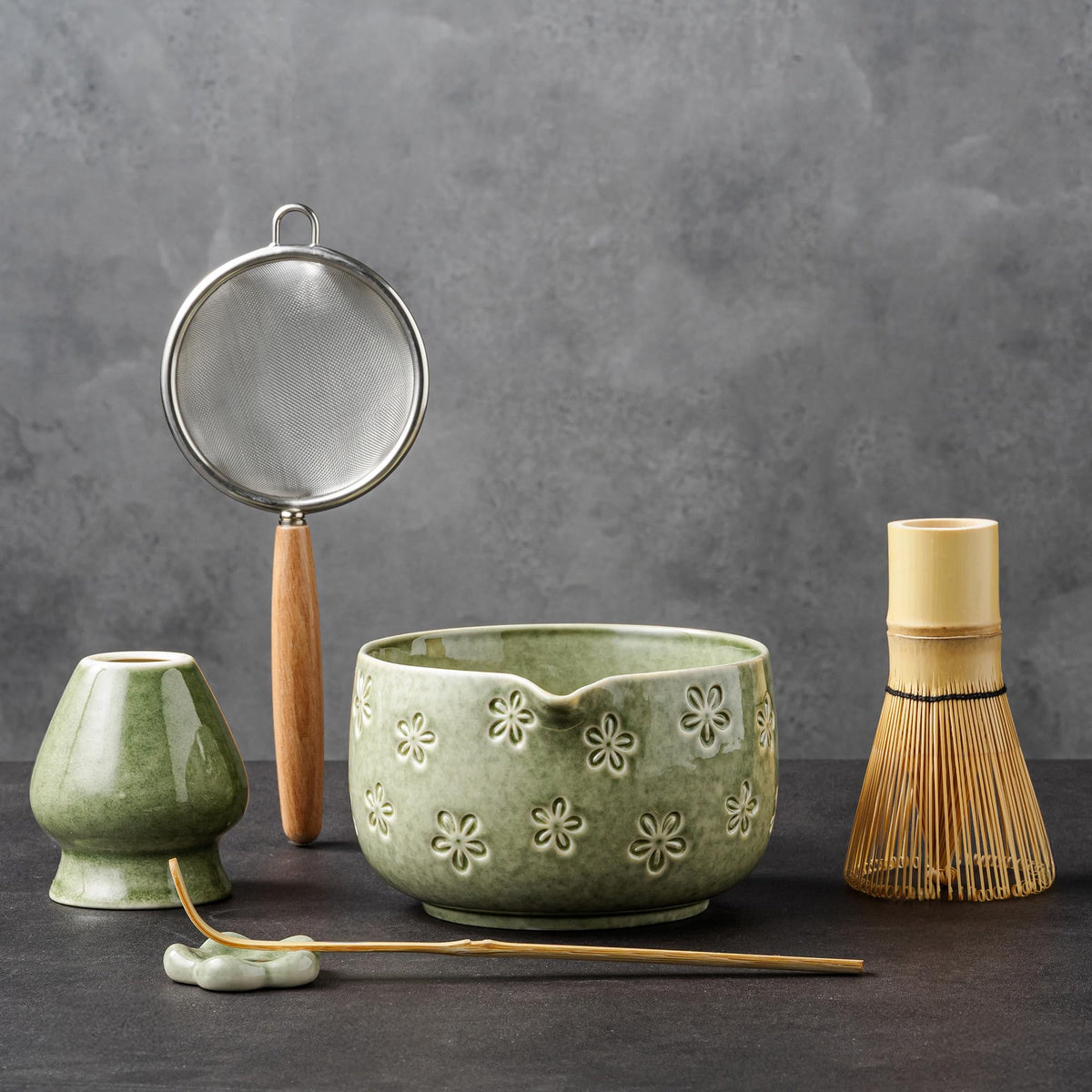 6-Piece Ceramic Matcha Set – Blue Cherry Blossom Bowl, 100-Prong Whisk, Scoop & Sifter