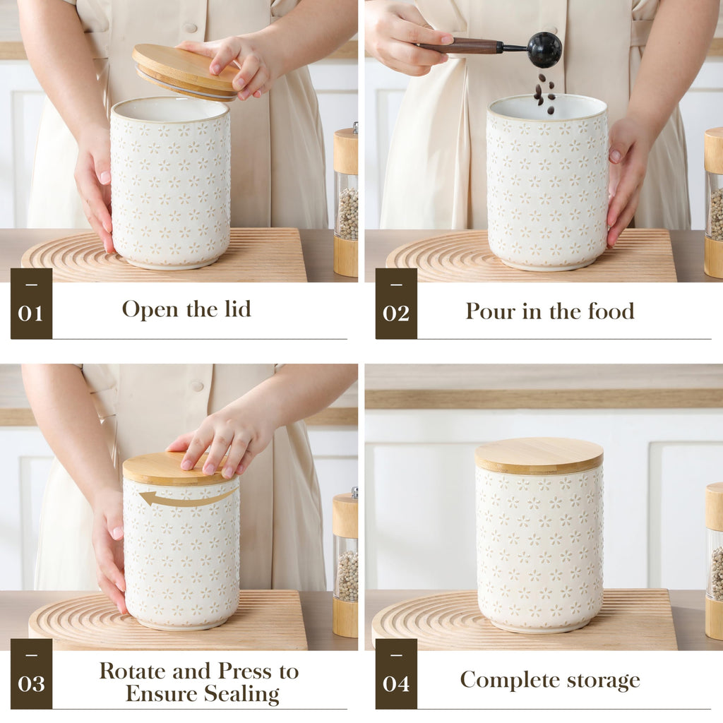 MALACASA LYDIA Ceramic Canister Set of 3 – Hexagon, Airtight Wooden Lids, 20/40/80 oz