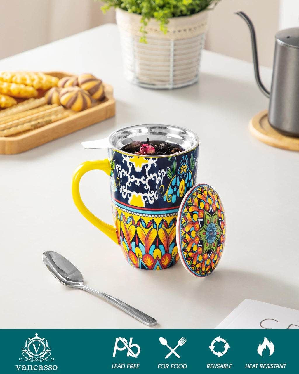 Ceramic Tea Infuser Mug with Lid, 18 oz – Bohemian Forest Daisy Pattern, Microwave & Dishwasher Safe