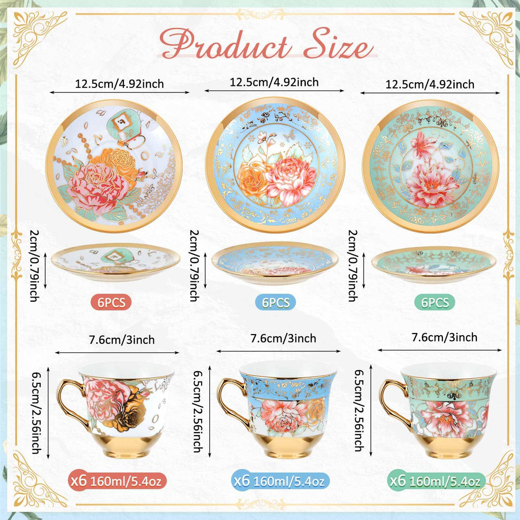 Floral Porcelain Tea Cups & Saucers Set of 18 – 6 Patterns, 5.4 oz