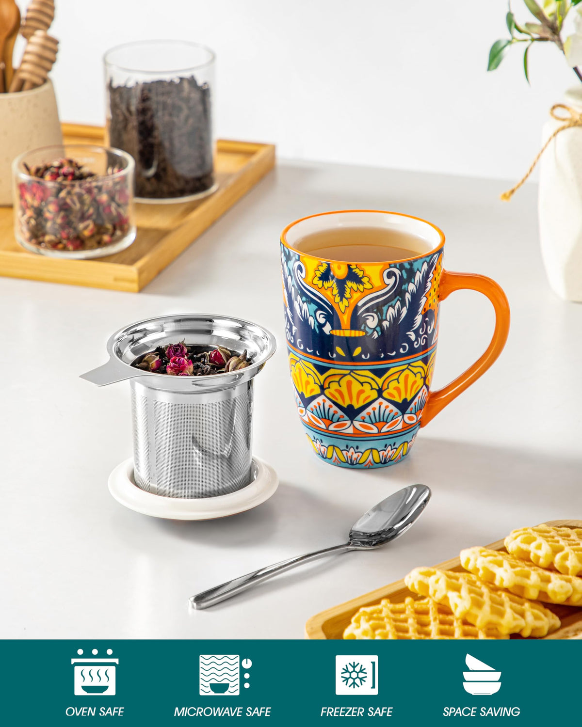 Ceramic Tea Infuser Mug with Lid, 18 oz – Bohemian Forest Daisy Pattern, Microwave & Dishwasher Safe