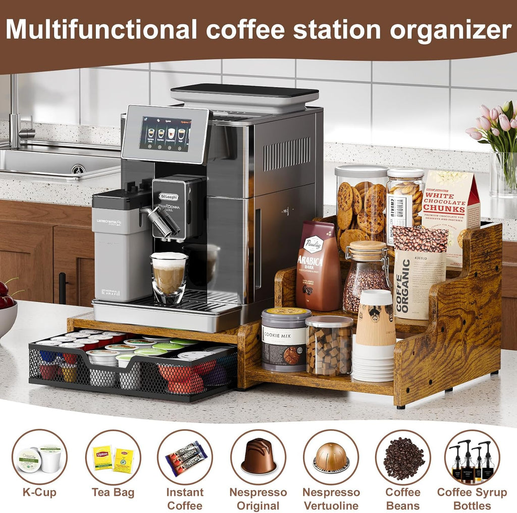 3-Tier Coffee Station Organizer with K-Cup Holder – Rustic Brown