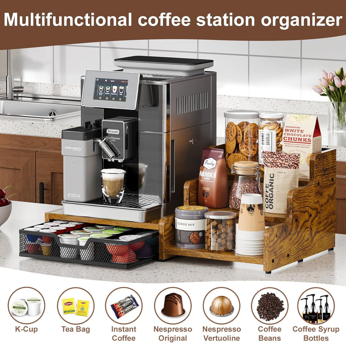 3-Tier Coffee Station Organizer with K-Cup Holder – Rustic Brown