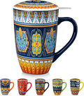 Ceramic Tea Infuser Mug with Lid, 18 oz – Bohemian Forest Daisy Pattern, Microwave & Dishwasher Safe