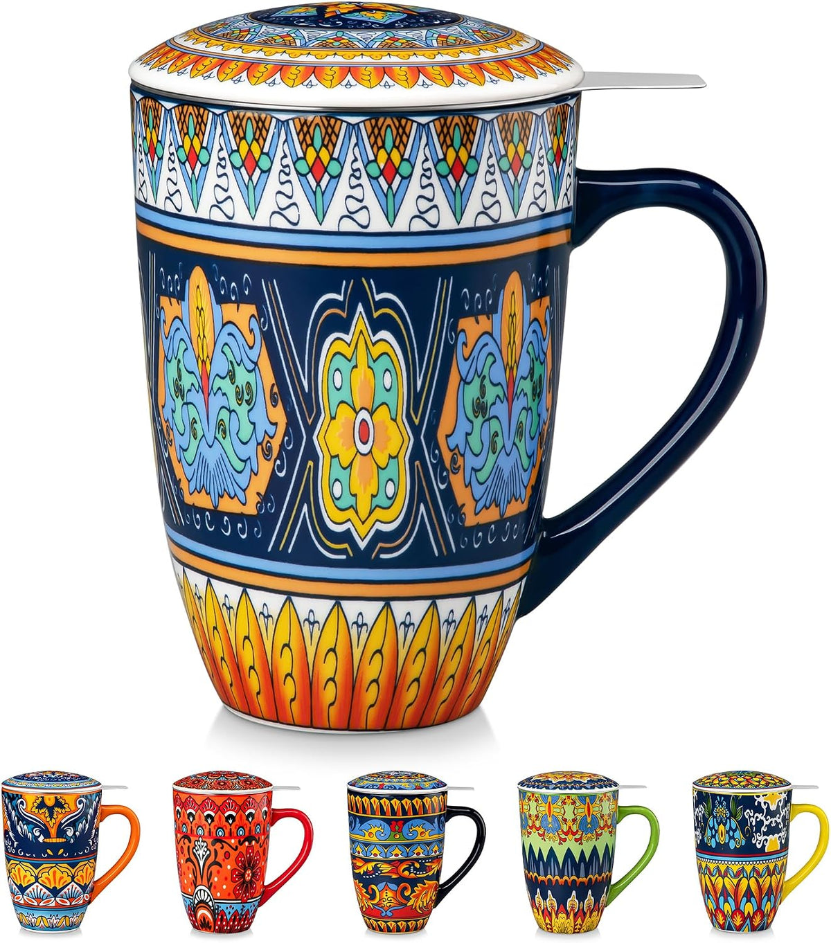 Ceramic Tea Infuser Mug with Lid, 18 oz – Bohemian Forest Daisy Pattern, Microwave & Dishwasher Safe