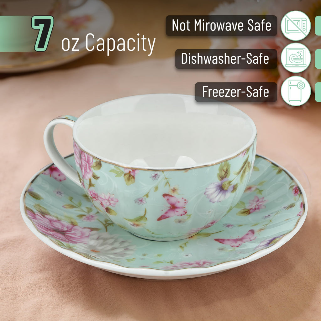 Floral Porcelain Tea Cups & Saucers Set of 6 – Midnight Blue