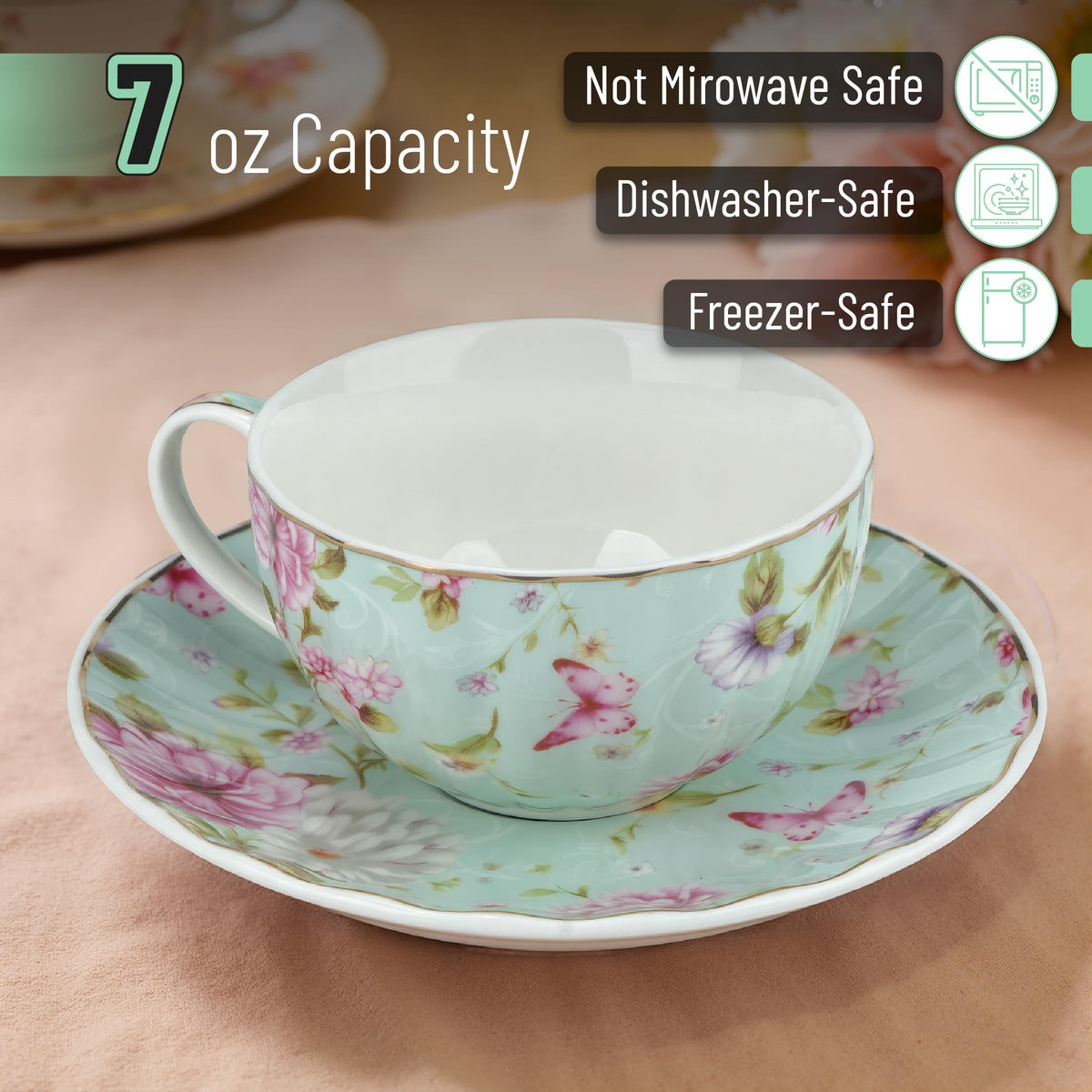 Floral Porcelain Tea Cups & Saucers Set of 6 – Midnight Blue