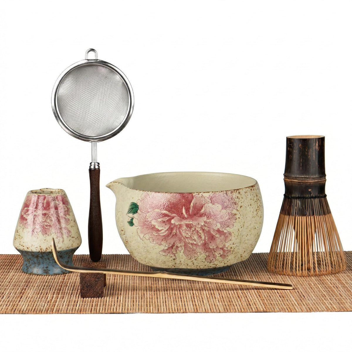 7-Piece Matcha Set – Floral Bowl & Purple Bamboo Whisk