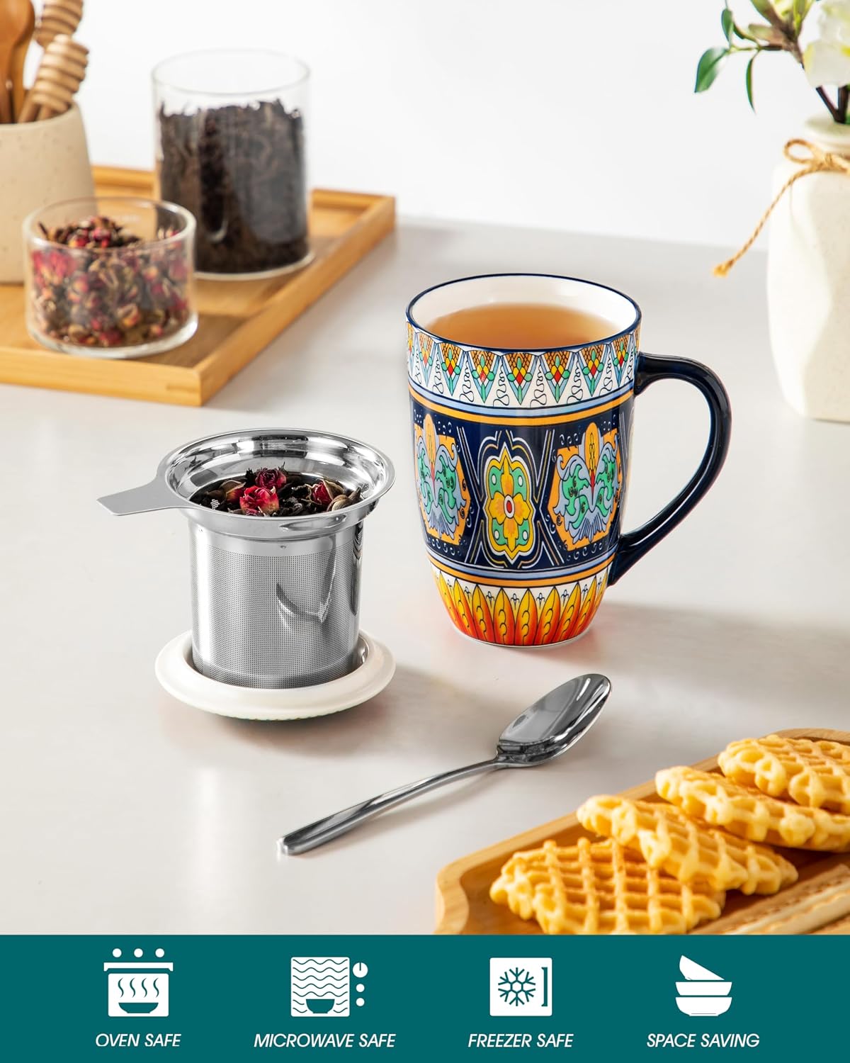 Ceramic Tea Infuser Mug with Lid, 18 oz – Bohemian Forest Daisy Pattern, Microwave & Dishwasher Safe