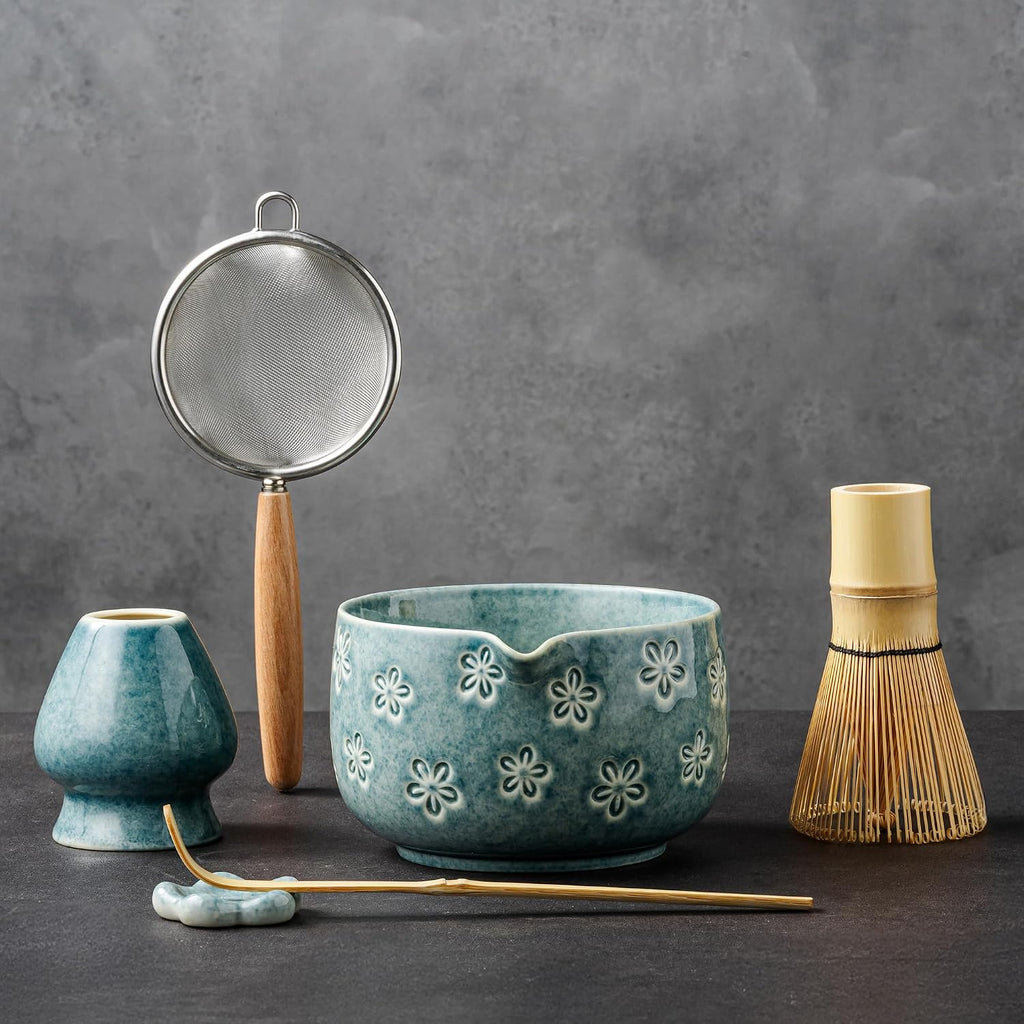 6-Piece Ceramic Matcha Set – Blue Cherry Blossom Bowl, 100-Prong Whisk, Scoop & Sifter
