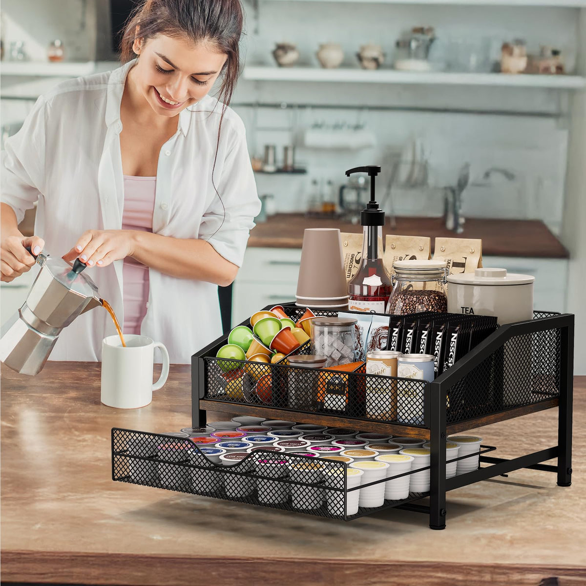 Homsorout Coffee Bar Organizer – Metal & Wood, Black and Brown