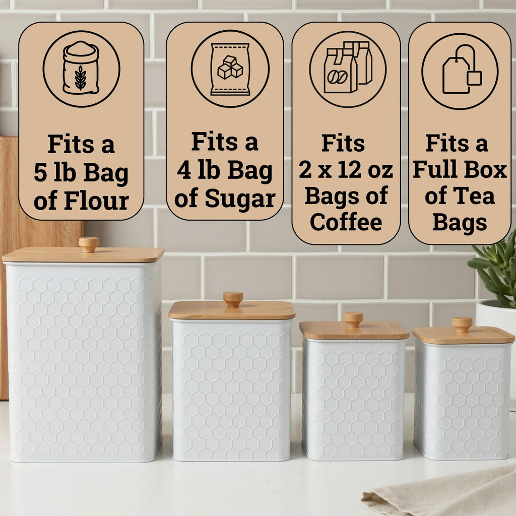 Honeycomb Metal Kitchen Canister Set of 4 – Airtight Bamboo Lids, Matte Black, 1.25–6.5 qt