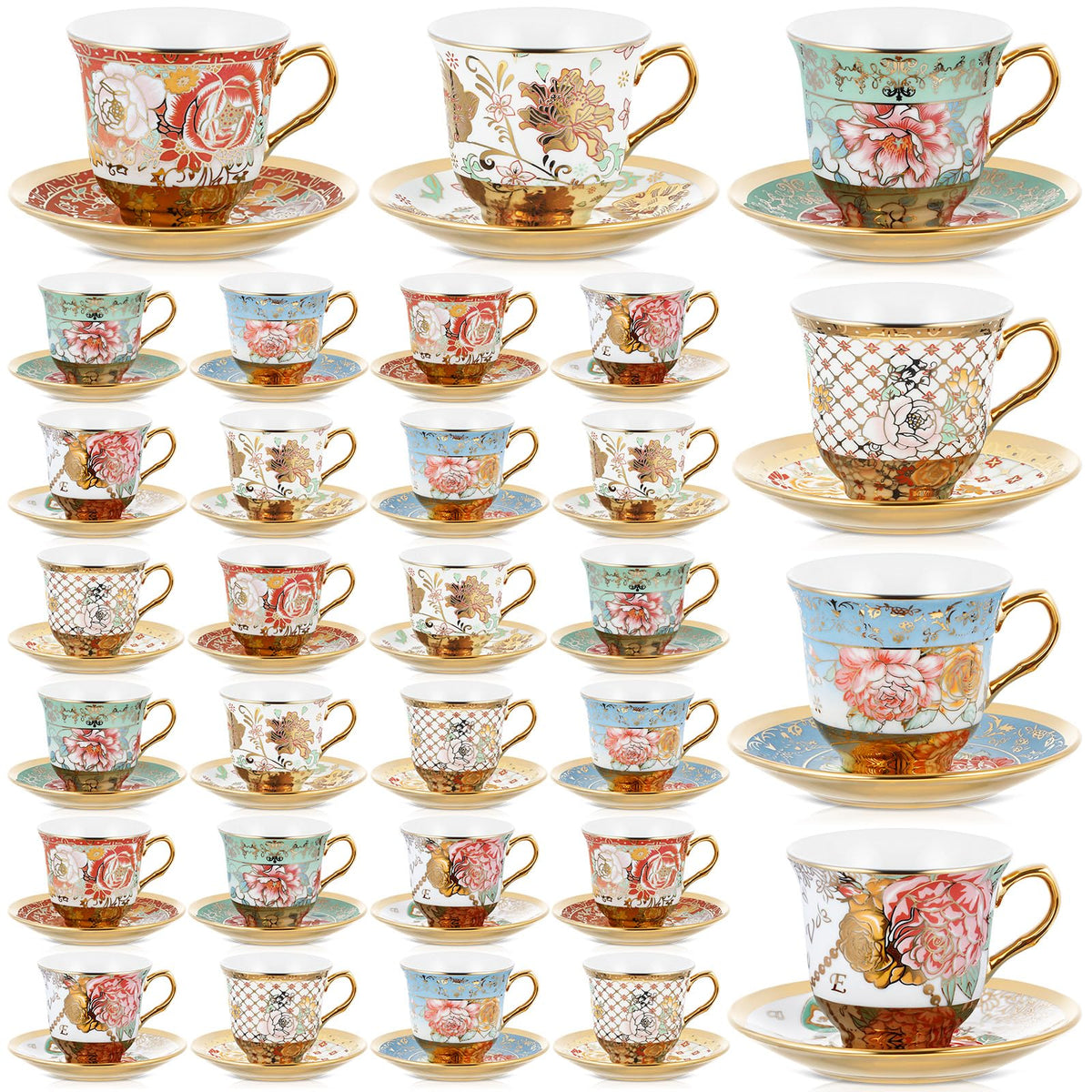 Floral Porcelain Tea Cups & Saucers Set of 18 – 6 Patterns, 5.4 oz