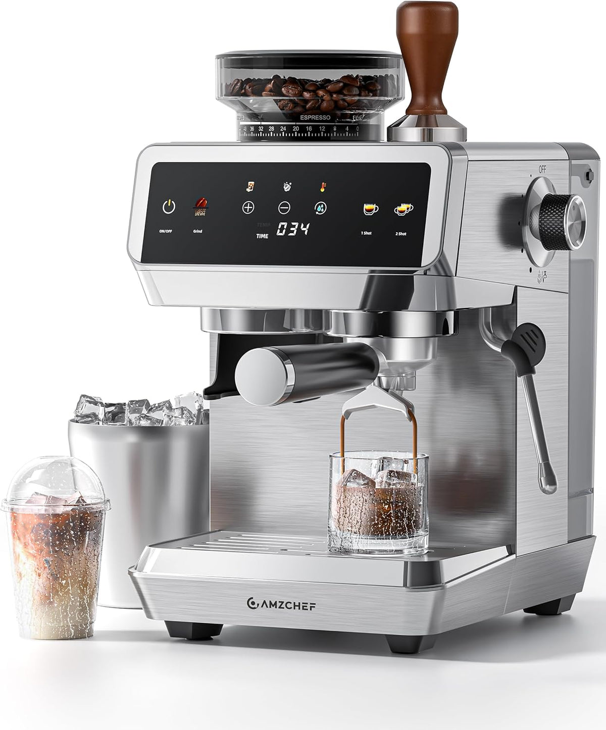 AMZCHEF Espresso Machine with Built-in Grinder – 44 Grind Settings, Temp Control, Milk Frother