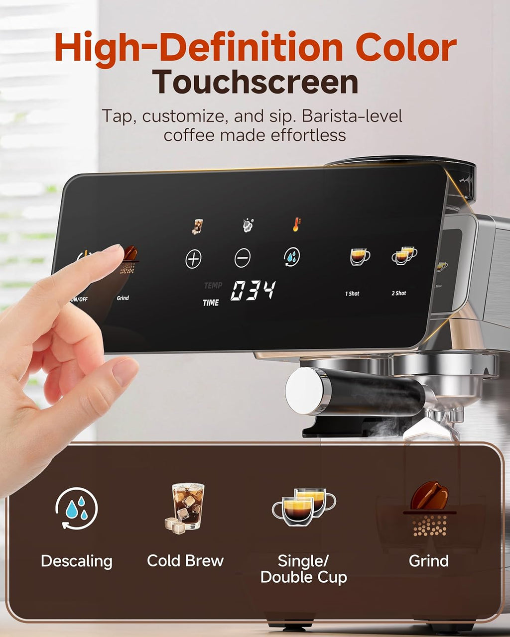AMZCHEF Espresso Machine with Built-in Grinder – 44 Grind Settings, Temp Control, Milk Frother