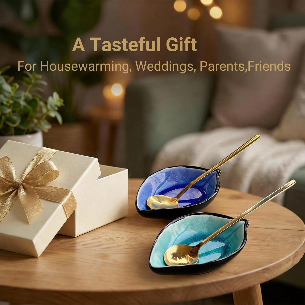 Ceramic Leaf Spoon Rest & Tea Bag Holder Set – Ice-Cracked Glaze, 2 Gold Spoons Included