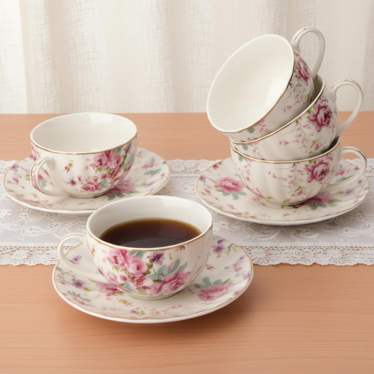 Floral Porcelain Tea Cups & Saucers Set of 6 – Midnight Blue