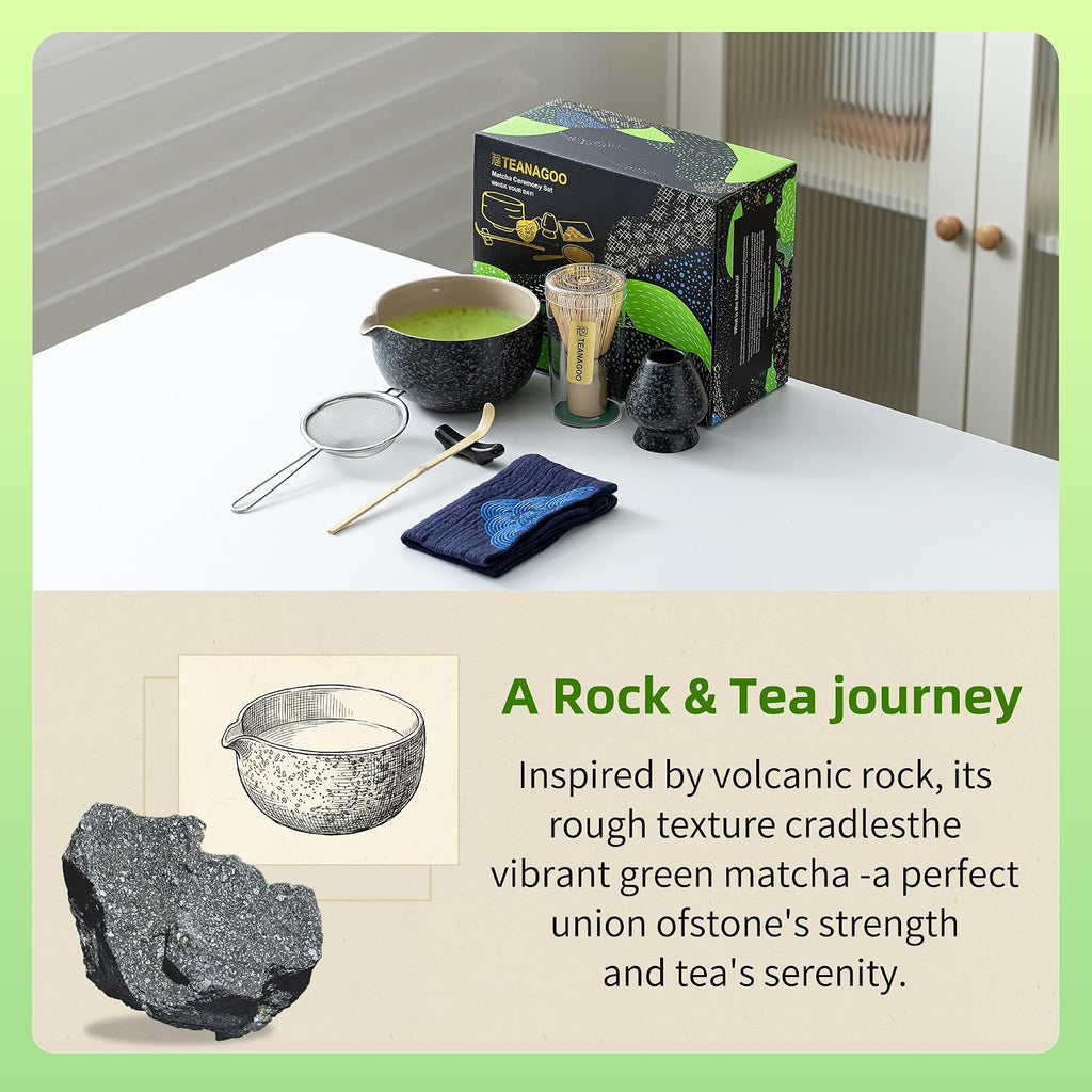 TEANAGOO 7-Piece Black Matcha Set – Ceramic Chawan, Whisk, Holder & Sifter for Ceremony & Latte