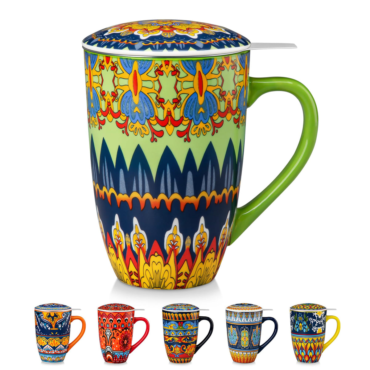 Ceramic Tea Infuser Mug with Lid, 18 oz – Bohemian Forest Daisy Pattern, Microwave & Dishwasher Safe