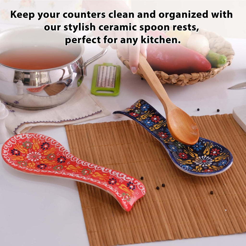 Handmade Ceramic Spoon Rest, Set of 2 – 5", Orange & Navy Blue, Farmhouse Style