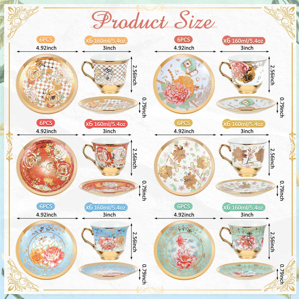 Floral Porcelain Tea Cups & Saucers Set of 18 – 6 Patterns, 5.4 oz