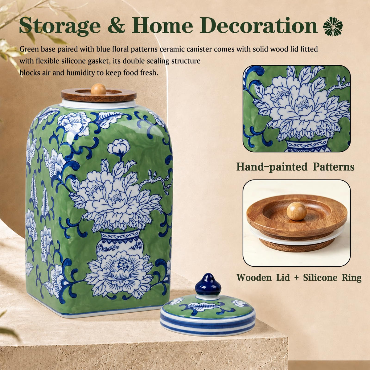 Ceramic Tea & Coffee Canister with Airtight Lid – 10" H, 121 fl oz, Green Peony Chinoiserie