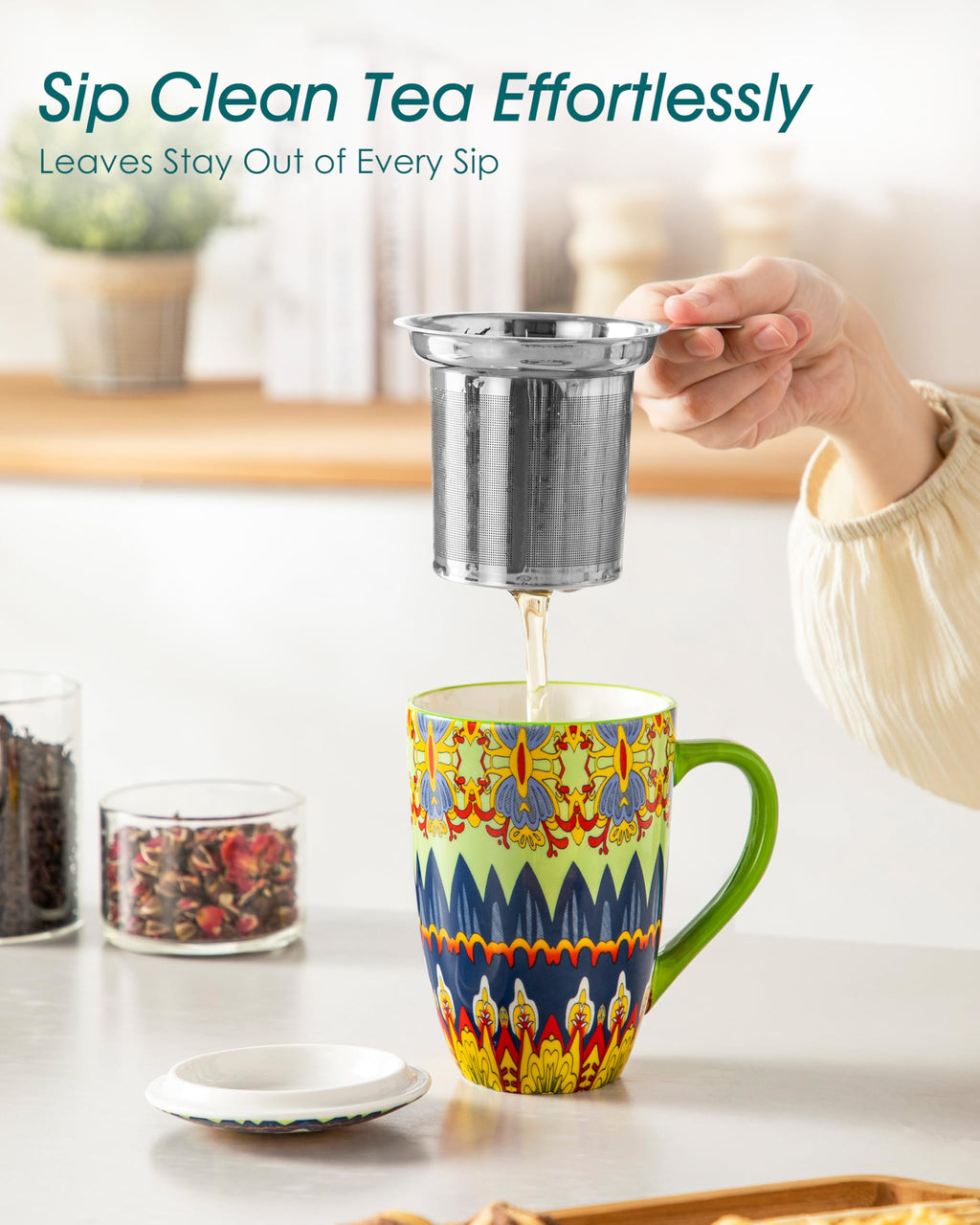 Ceramic Tea Infuser Mug with Lid, 18 oz – Bohemian Forest Daisy Pattern, Microwave & Dishwasher Safe