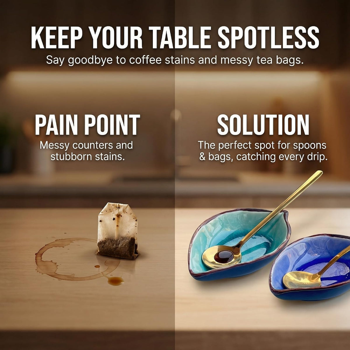Ceramic Leaf Spoon Rest & Tea Bag Holder Set – Ice-Cracked Glaze, 2 Gold Spoons Included