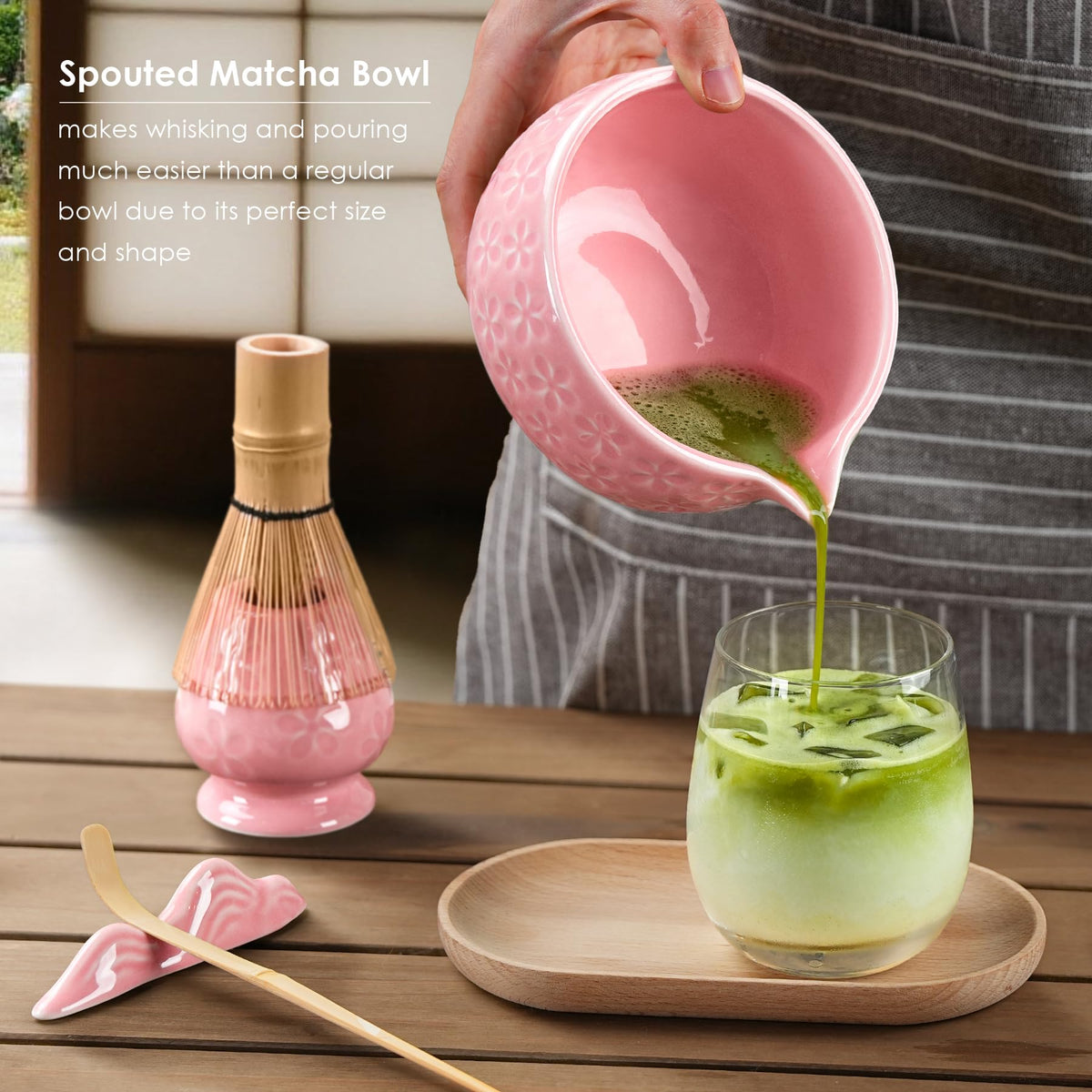 5-Piece Ceramic Matcha Set – Mottled Green Chawan, Handcrafted Bamboo Chasen, Scoop & Holder