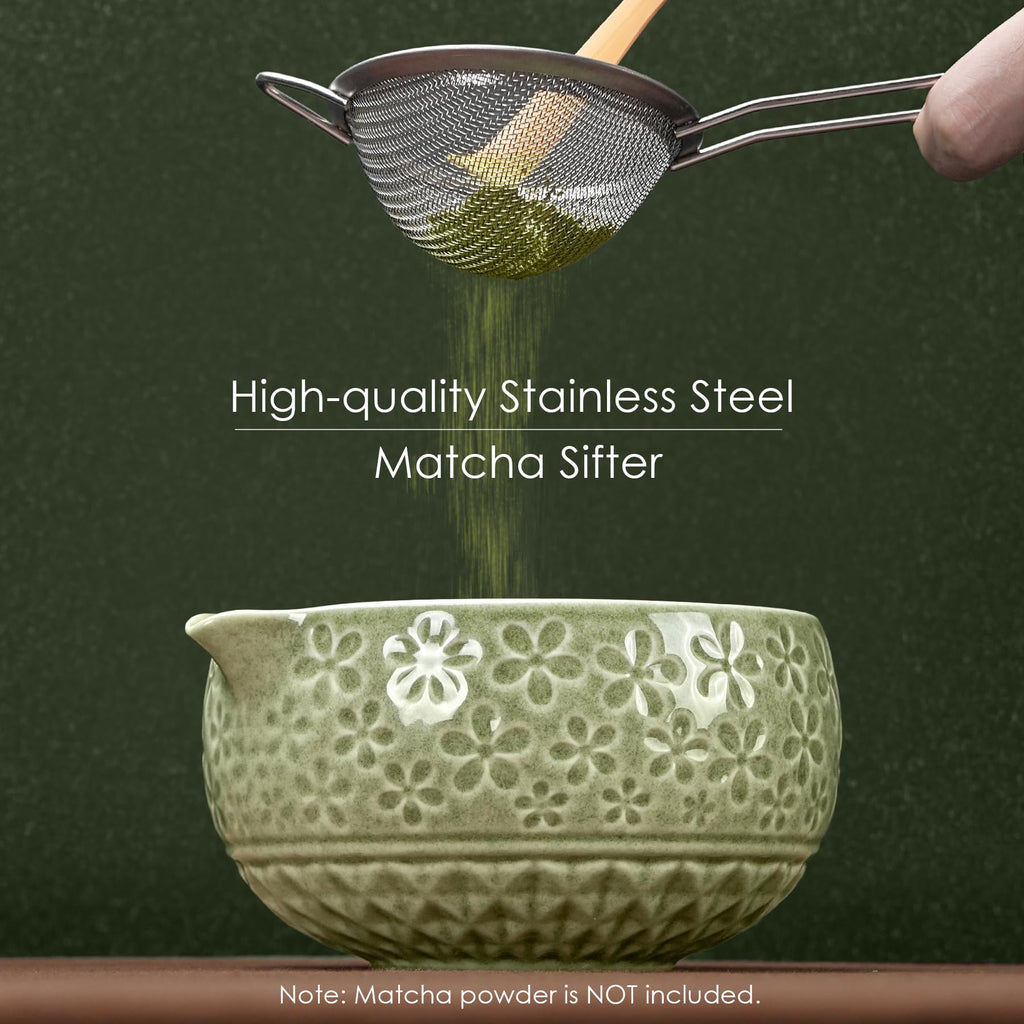 5-Piece Ceramic Matcha Set – Mottled Green Chawan, Handcrafted Bamboo Chasen, Scoop & Holder