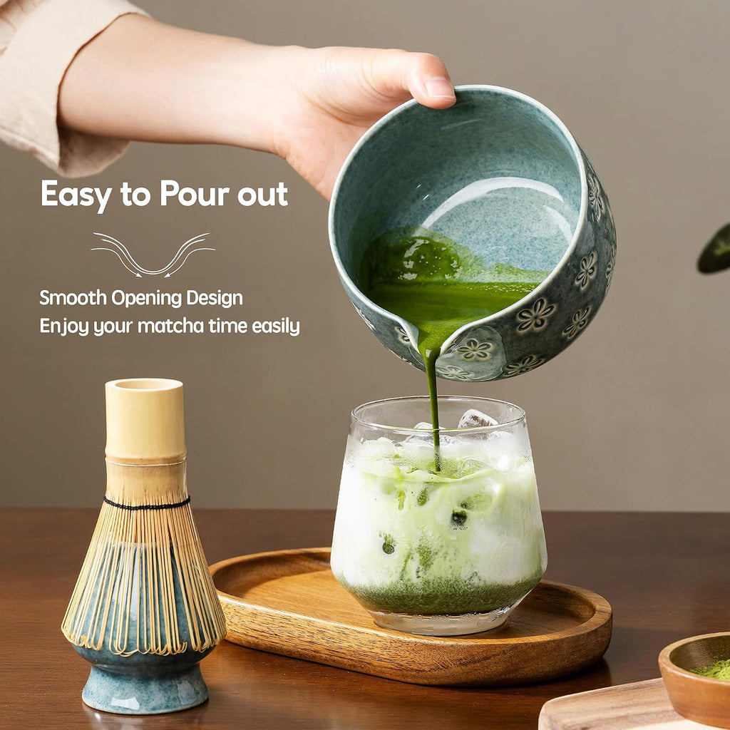 6-Piece Ceramic Matcha Set – Blue Cherry Blossom Bowl, 100-Prong Whisk, Scoop & Sifter