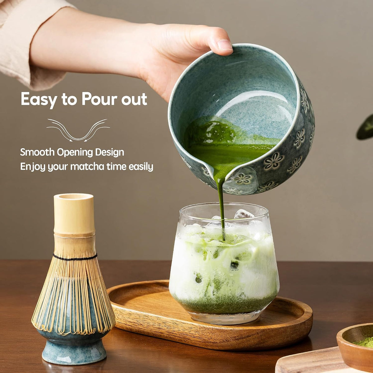 6-Piece Ceramic Matcha Set – Blue Cherry Blossom Bowl, 100-Prong Whisk, Scoop & Sifter