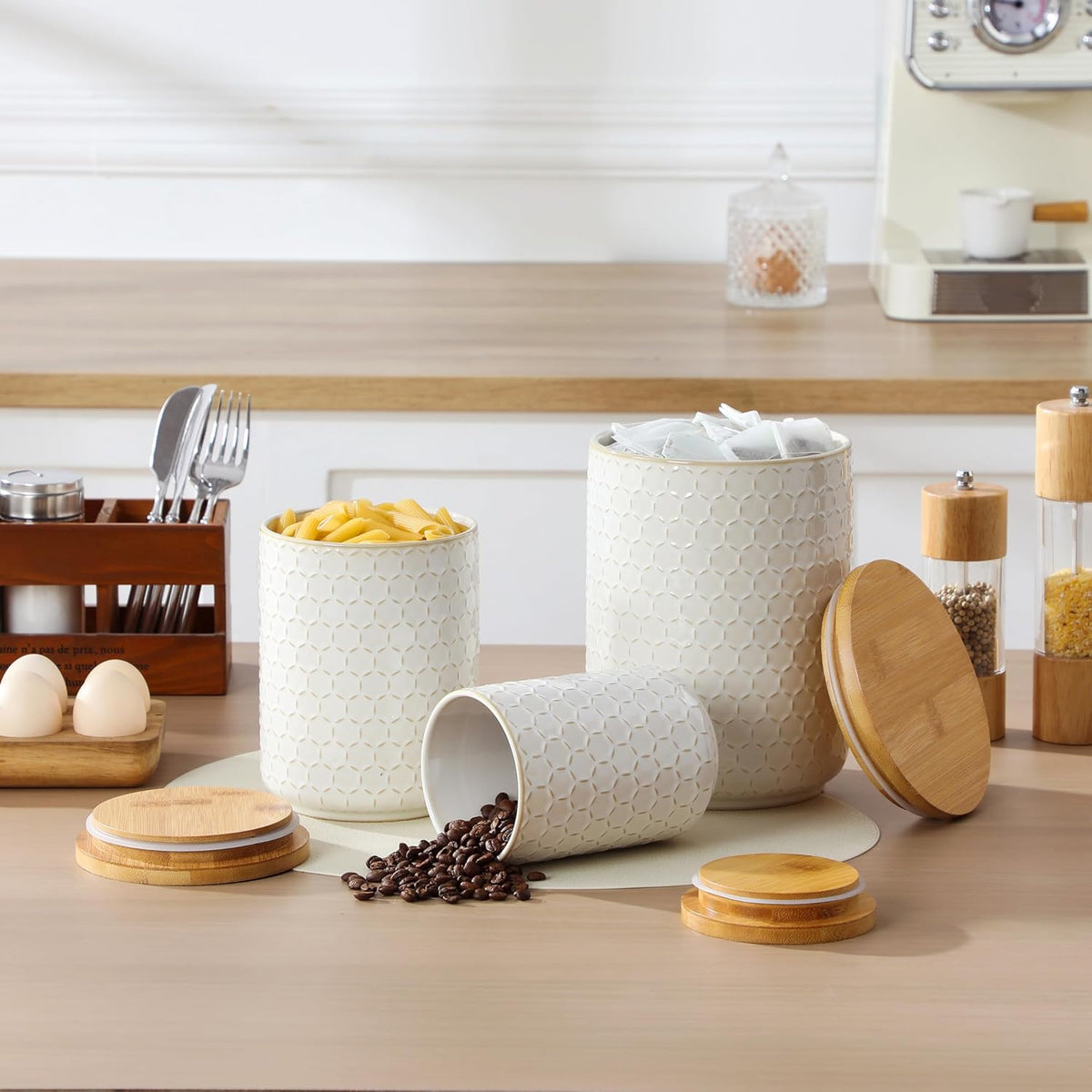 MALACASA LYDIA Ceramic Canister Set of 3 – Hexagon, Airtight Wooden Lids, 20/40/80 oz