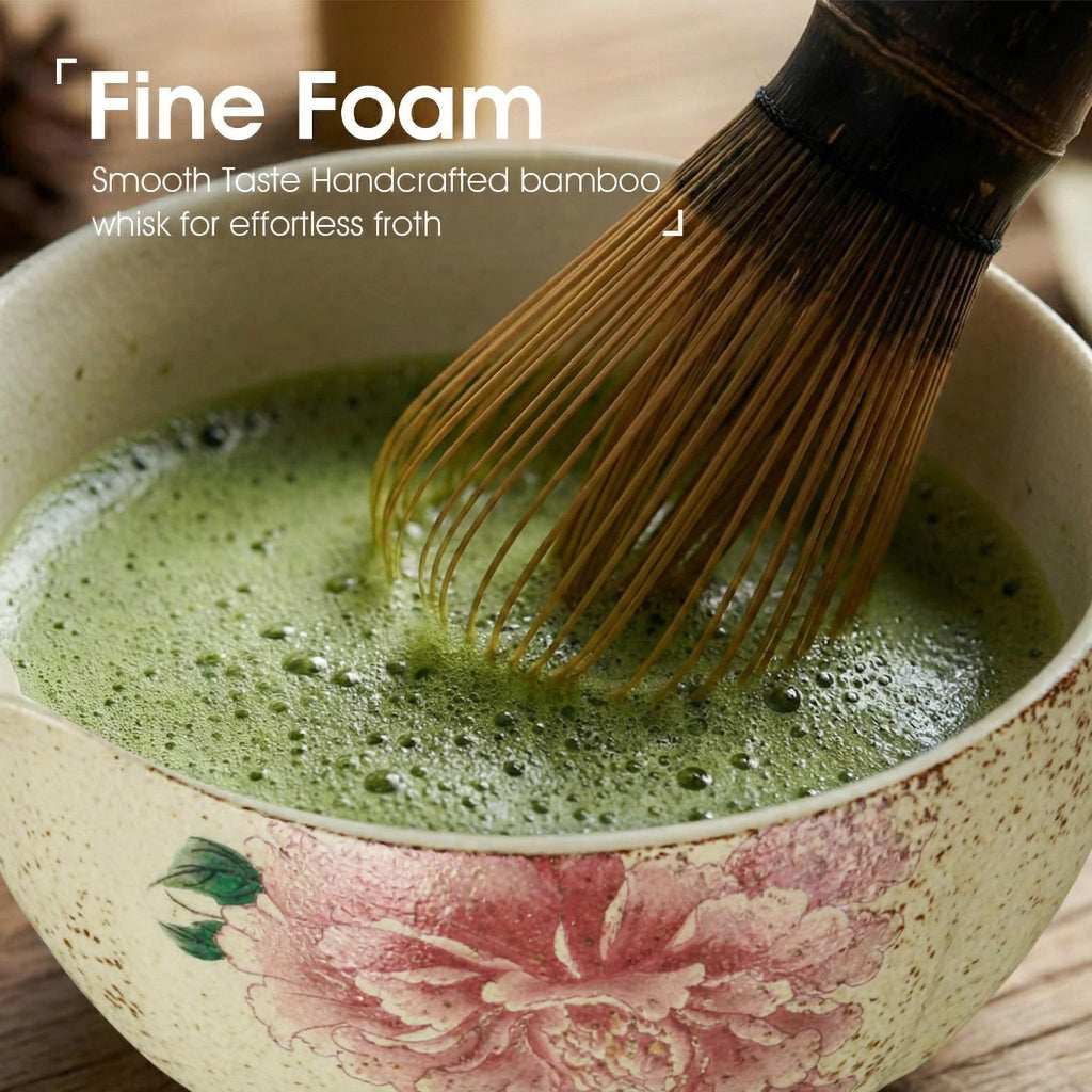 7-Piece Matcha Set – Floral Bowl & Purple Bamboo Whisk